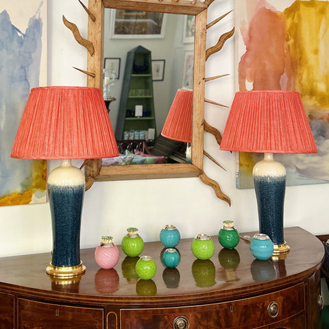 Pair of Large Anthony Lamps in Teal Ombre with Speckles