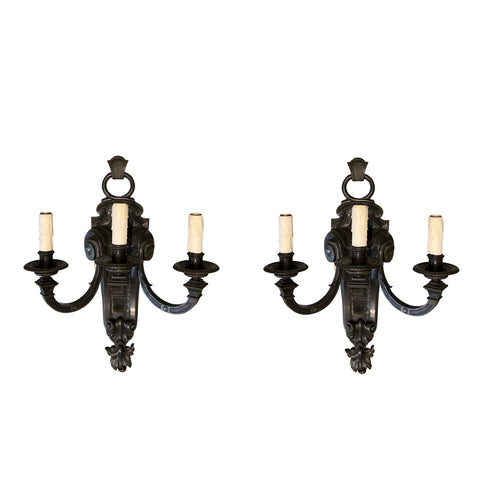 Pair of Large Patinated Bronze Three Armed Sconces