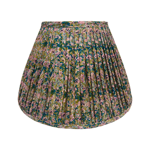 14" Silk Sari Lampshade - Olive, Emerald and Pink Floral