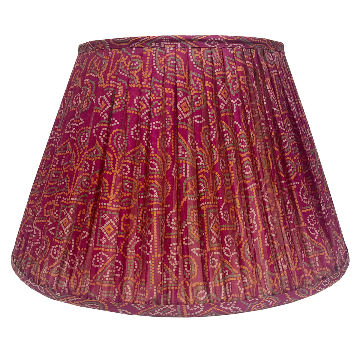 16" Silk Sari Lampshade - Green and Orange Geometric Pattern on Fuchsia