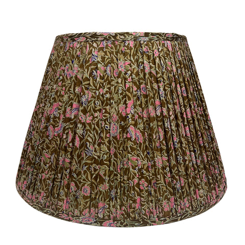 18" Silk Sari Lampshade - Khaki Green and Pink Floral