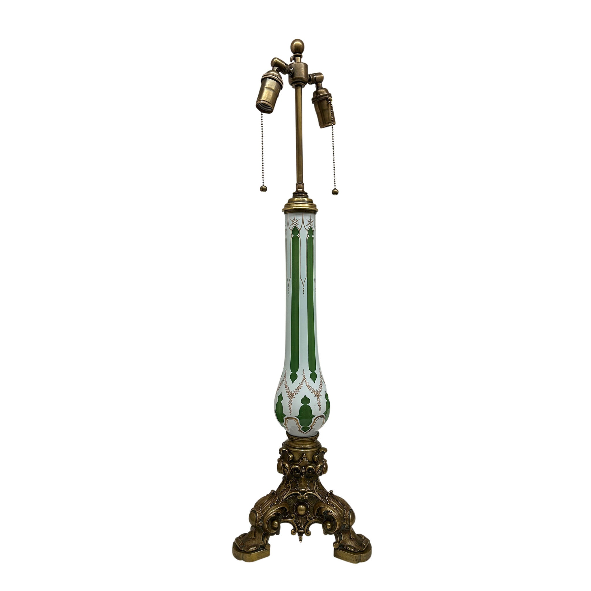 19th Century French White and Green Overlay Glass Lamp