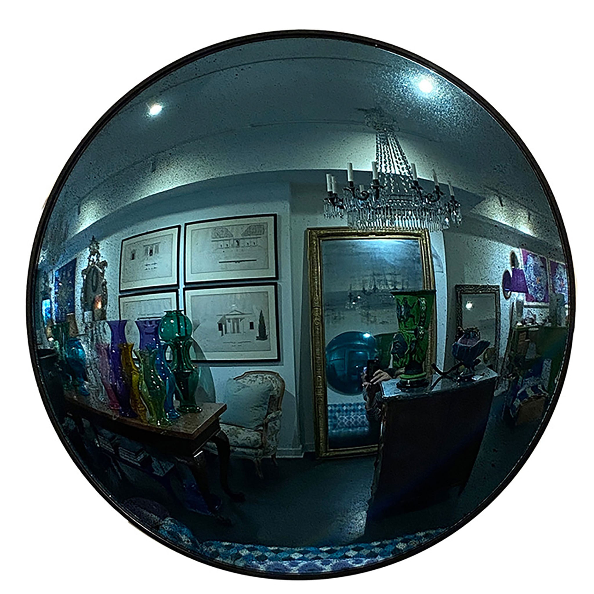 36 Convex Mirror in Silver Blue with Antique Silver Finish with Black Frame