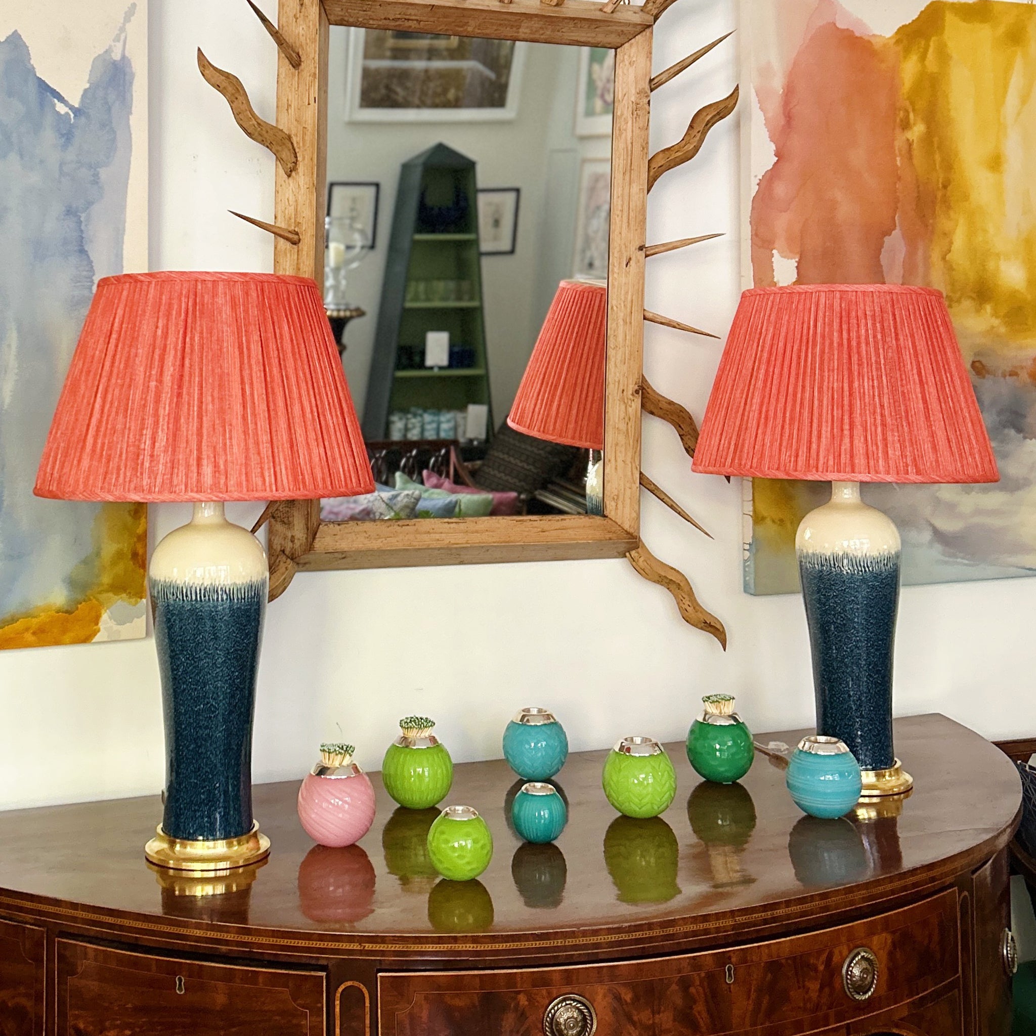 Pair of Large Anthony Lamps in Teal Ombre with Speckles