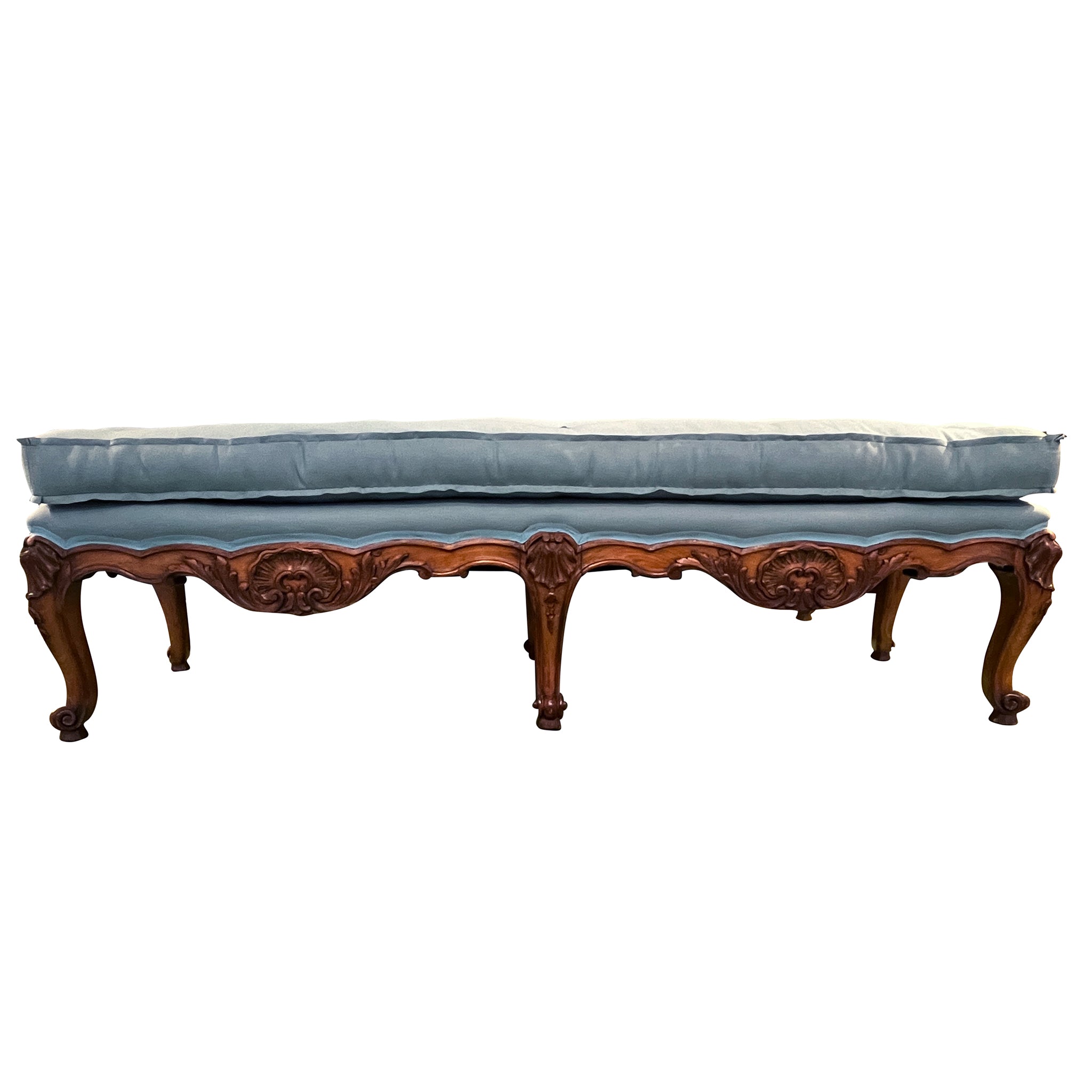 Late 19th Century Carved Walnut Long Upholstered Bench with Cabriole Legs