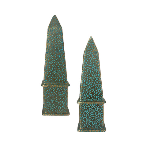 Hand-Painted Brass Obelisk in Turquoise Shagreen