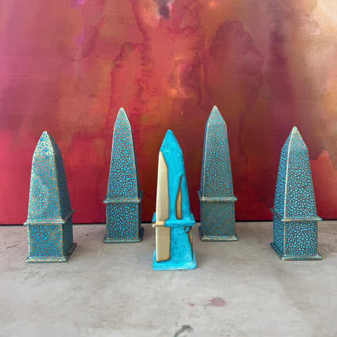 Hand-Painted Brass Obelisk in Turquoise Shagreen