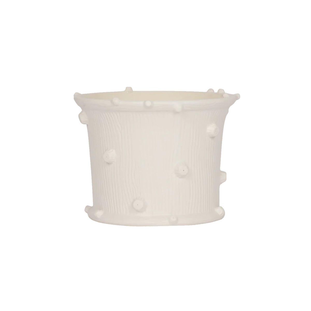 Hand Thrown Medium Wide Faux Bois Cachepot in Matte White