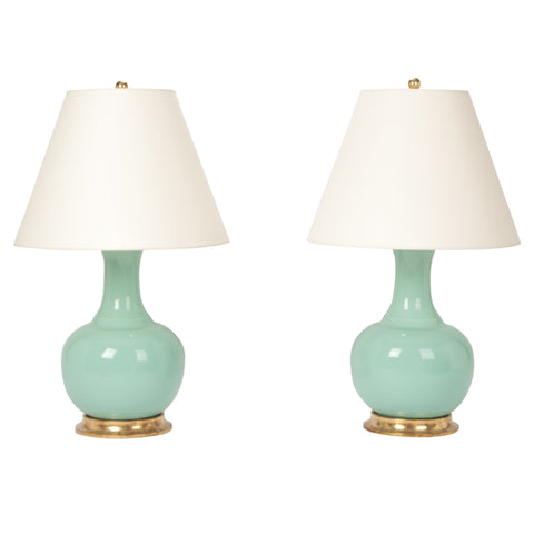 Pair of Ridged Single Gourd Lamps in Pale Blue Green