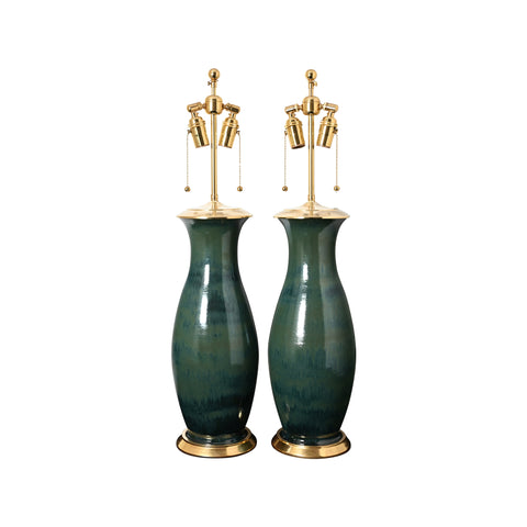 Pair of Clare Lamps in Matte Green Patina and Alligator