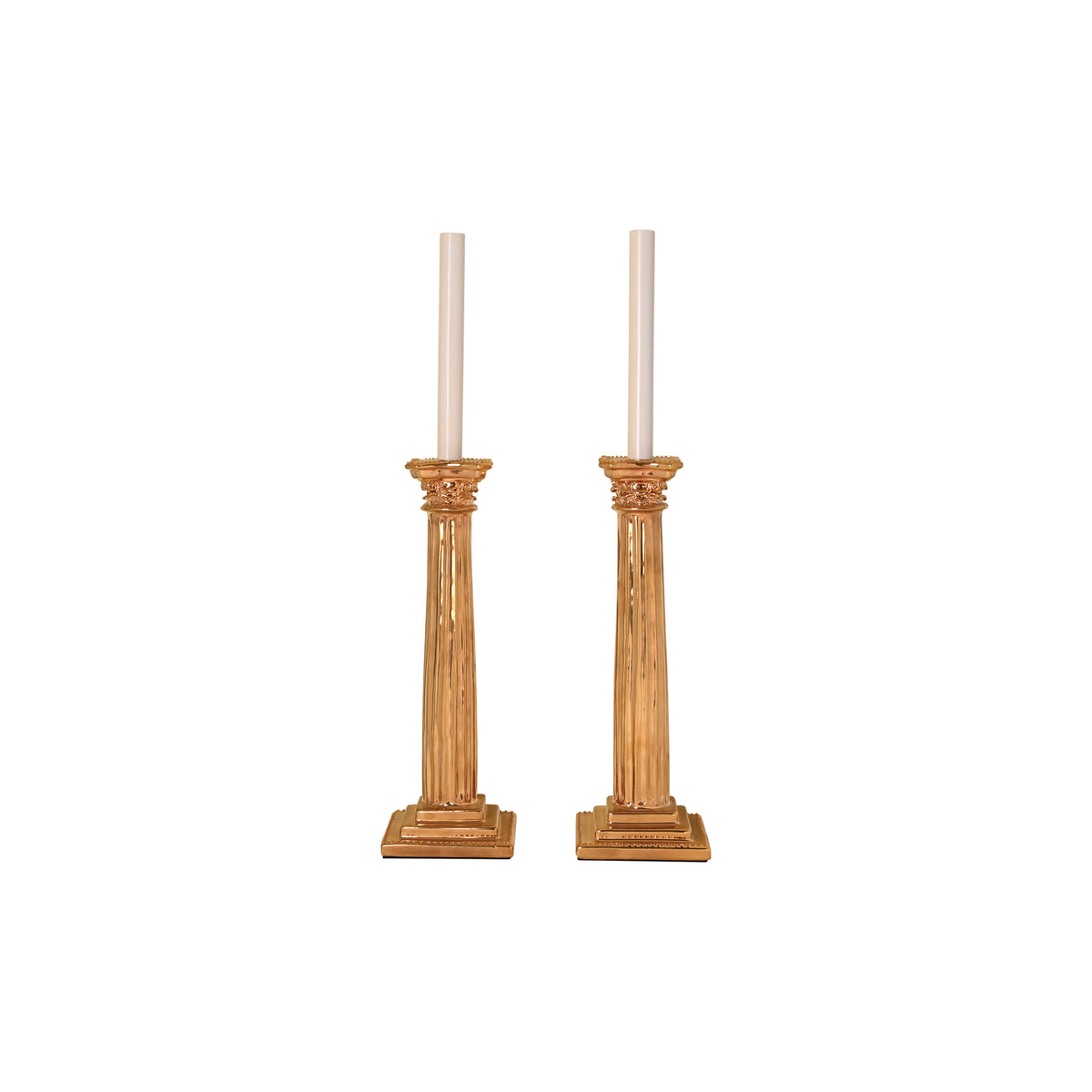 Pair of Corinthian Column Candlestick Lamps in Gold Luster