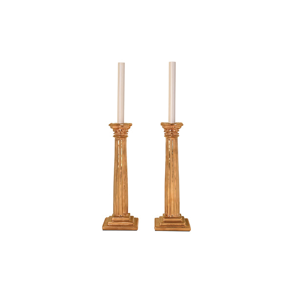 Pair of Corinthian Column Candlestick Lamps in Gold Luster