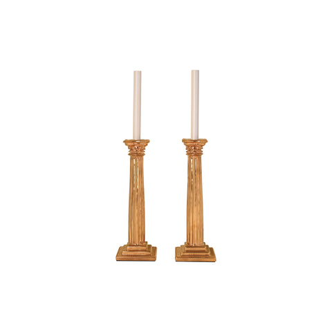 Pair of Corinthian Column Candlestick Lamps in Gold Luster