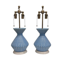 Pair of Medium Hager Lamps with Slip-Trailed Basketweave in Cornflower