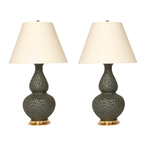 Pair of Large Aurora Lamps with Chipping in Matte Green Patina