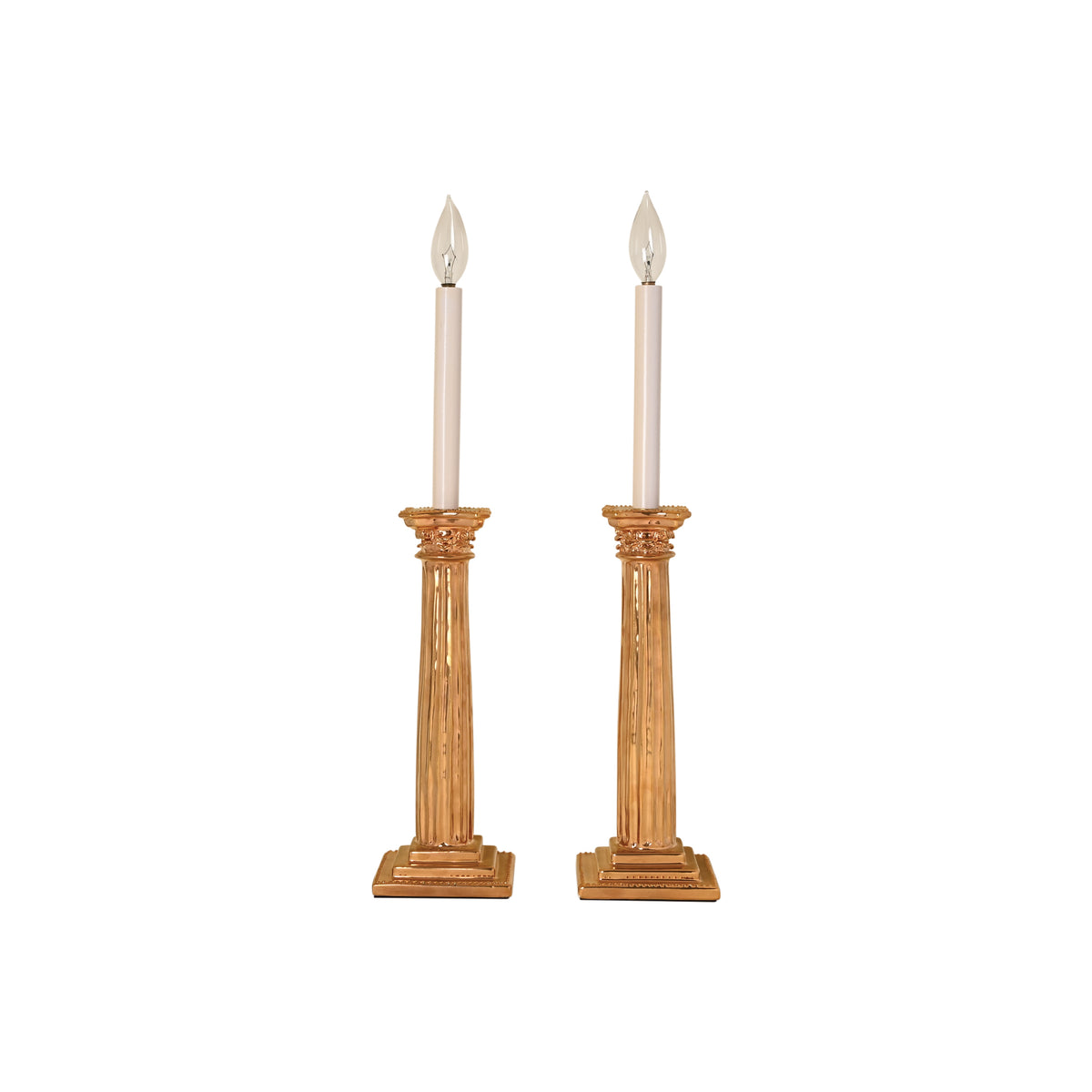 Pair of Corinthian Column Candlestick Lamps in Gold Luster