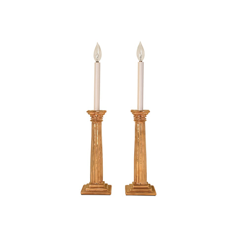 Pair of Corinthian Column Candlestick Lamps in Gold Luster