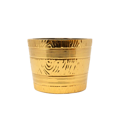 Short Faux Bois Barrel Cache Pot in Gold Luster
