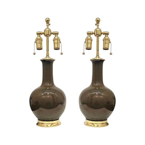 Pair of Small Single Gourd Lamps in Ironstone
