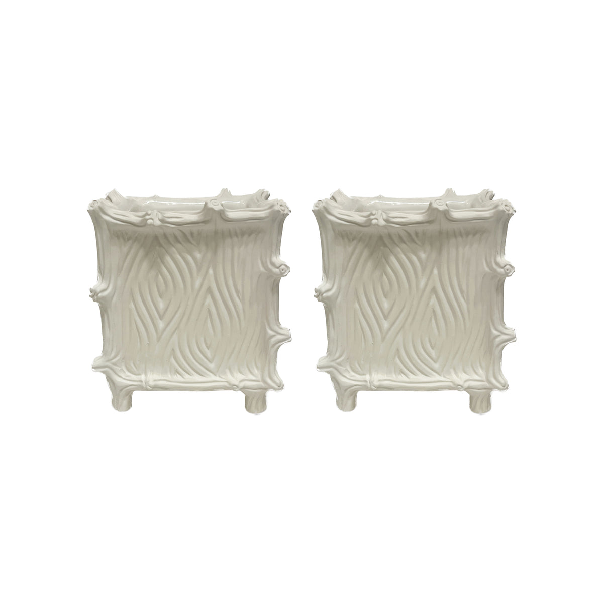 Medium Square Faux Bois Cachepot in Matte White