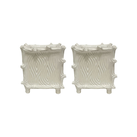 Small Square Faux Bois Cachepot in Matte White