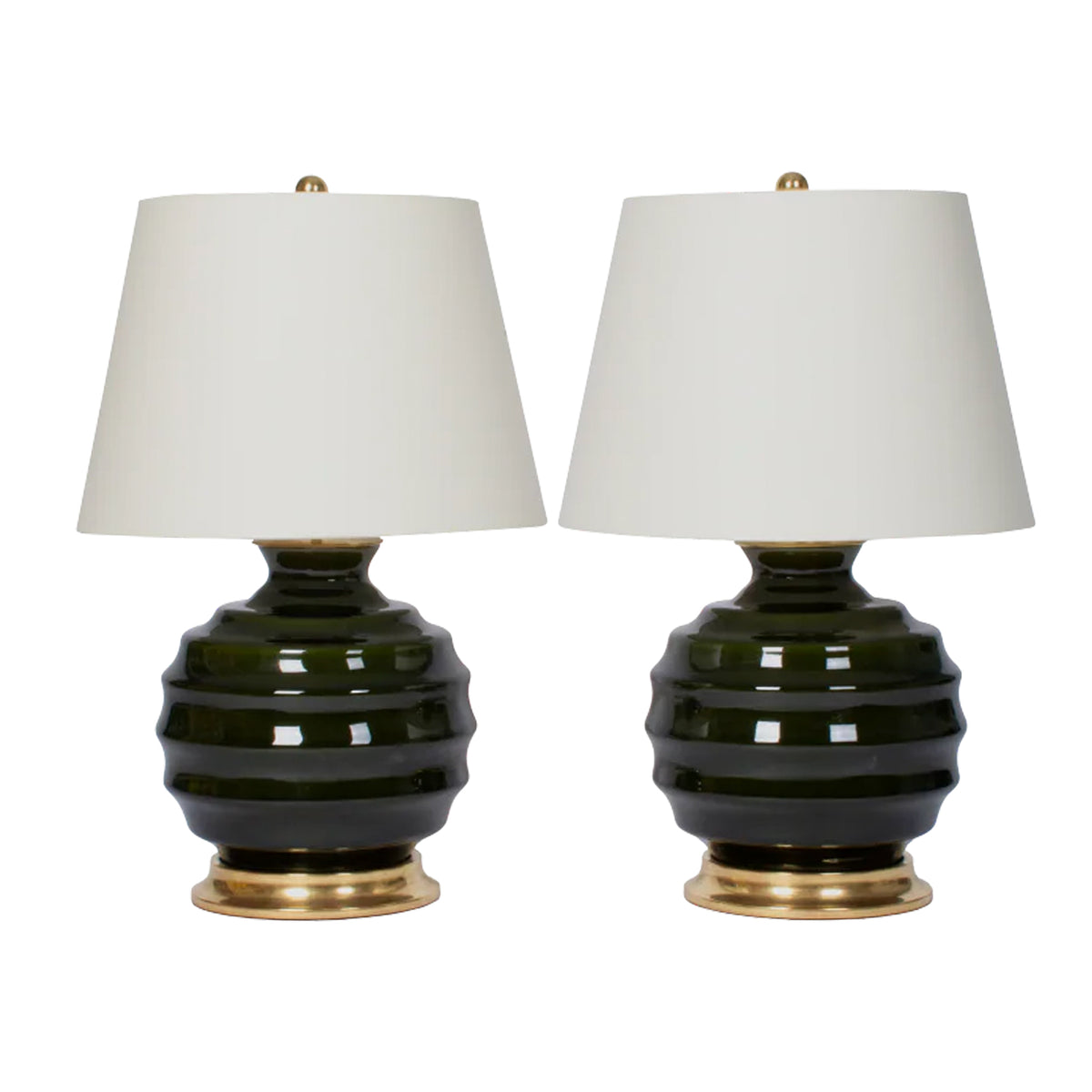 Pair of Wide Ribbed Ball Lamps in Olive