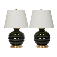 Pair of Wide Ribbed Ball Lamps in Olive