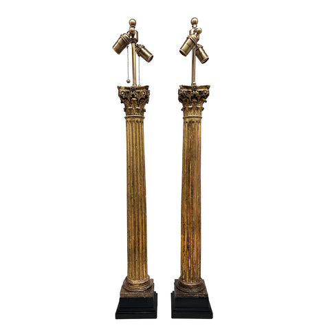 Pair of 19th Century Carved and Gilt Corinthian Column Lamps