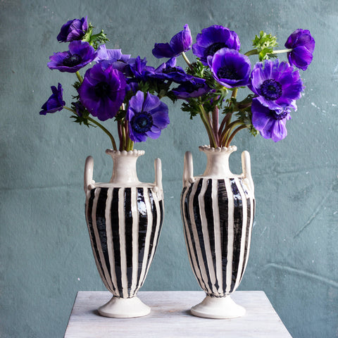 Black and White Striped Pedestal Vase with Ear Handles