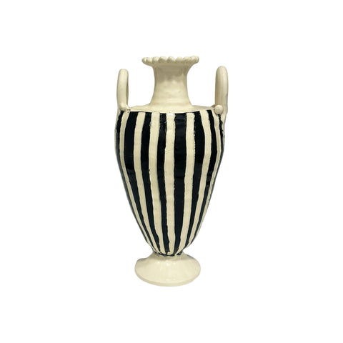 Black and White Striped Pedestal Vase with Ear Handles