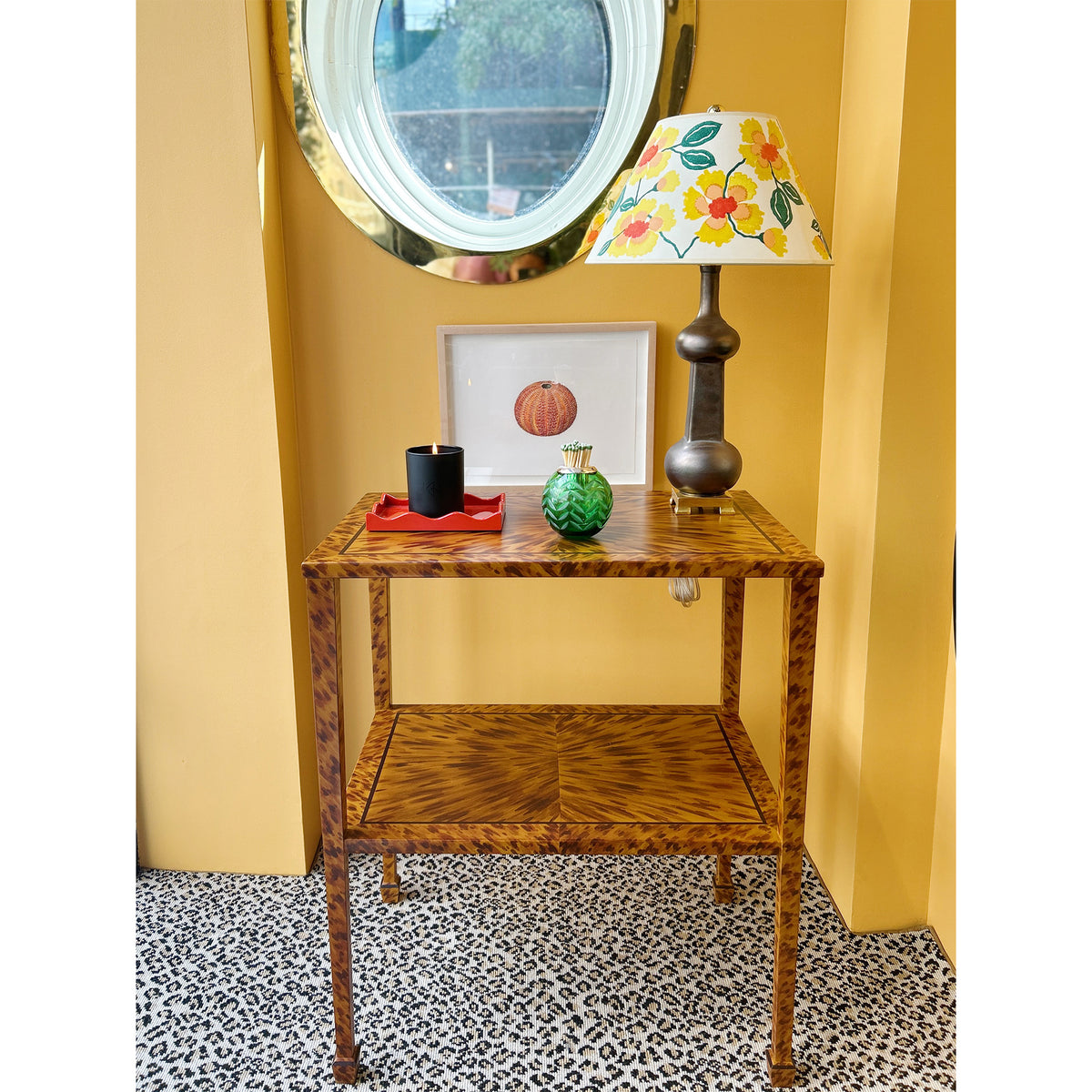 KRB Hand-Painted Two-Tier Side Table in Natural Faux Tortoise