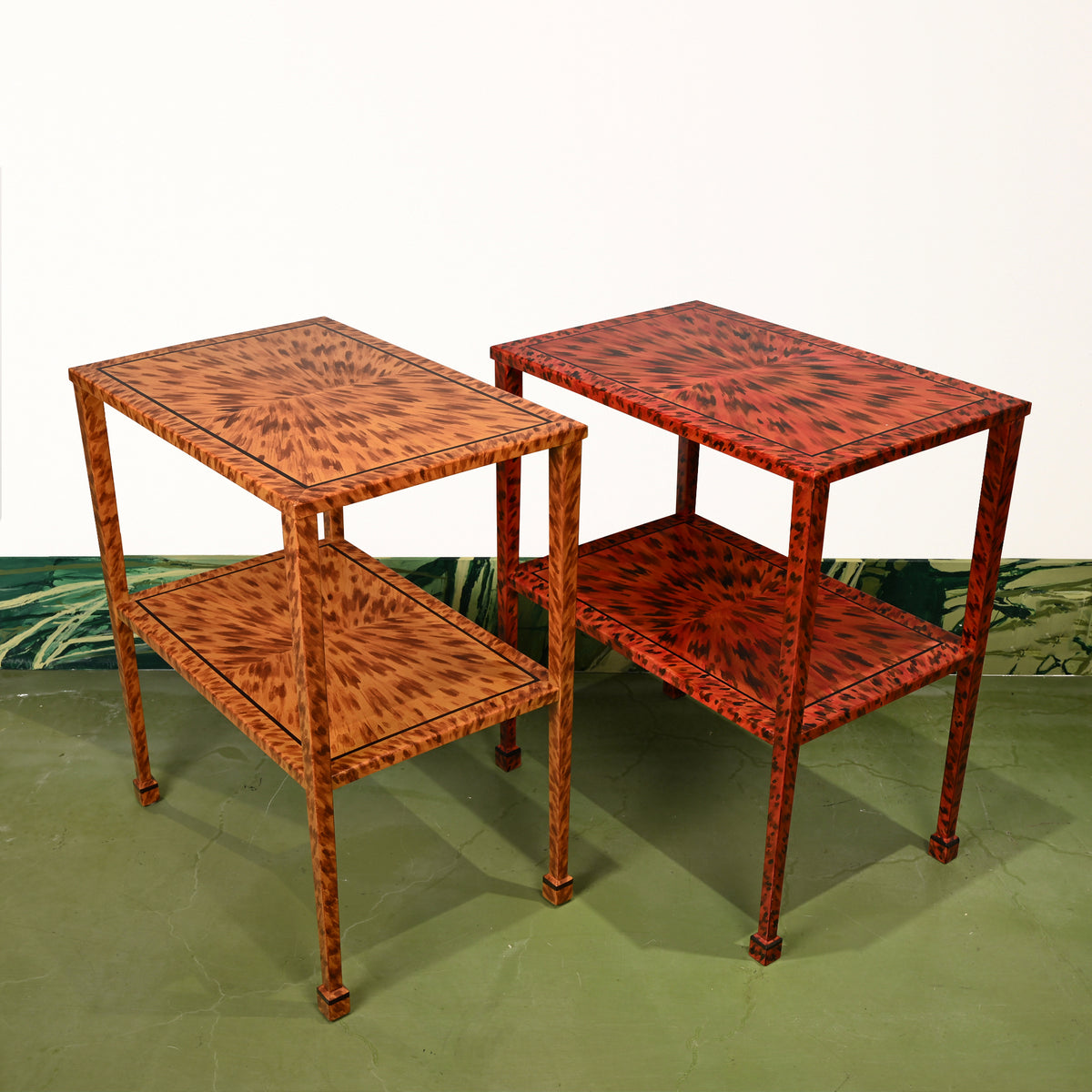KRB Hand-Painted Two-Tier Side Table in Flame Faux Tortoise