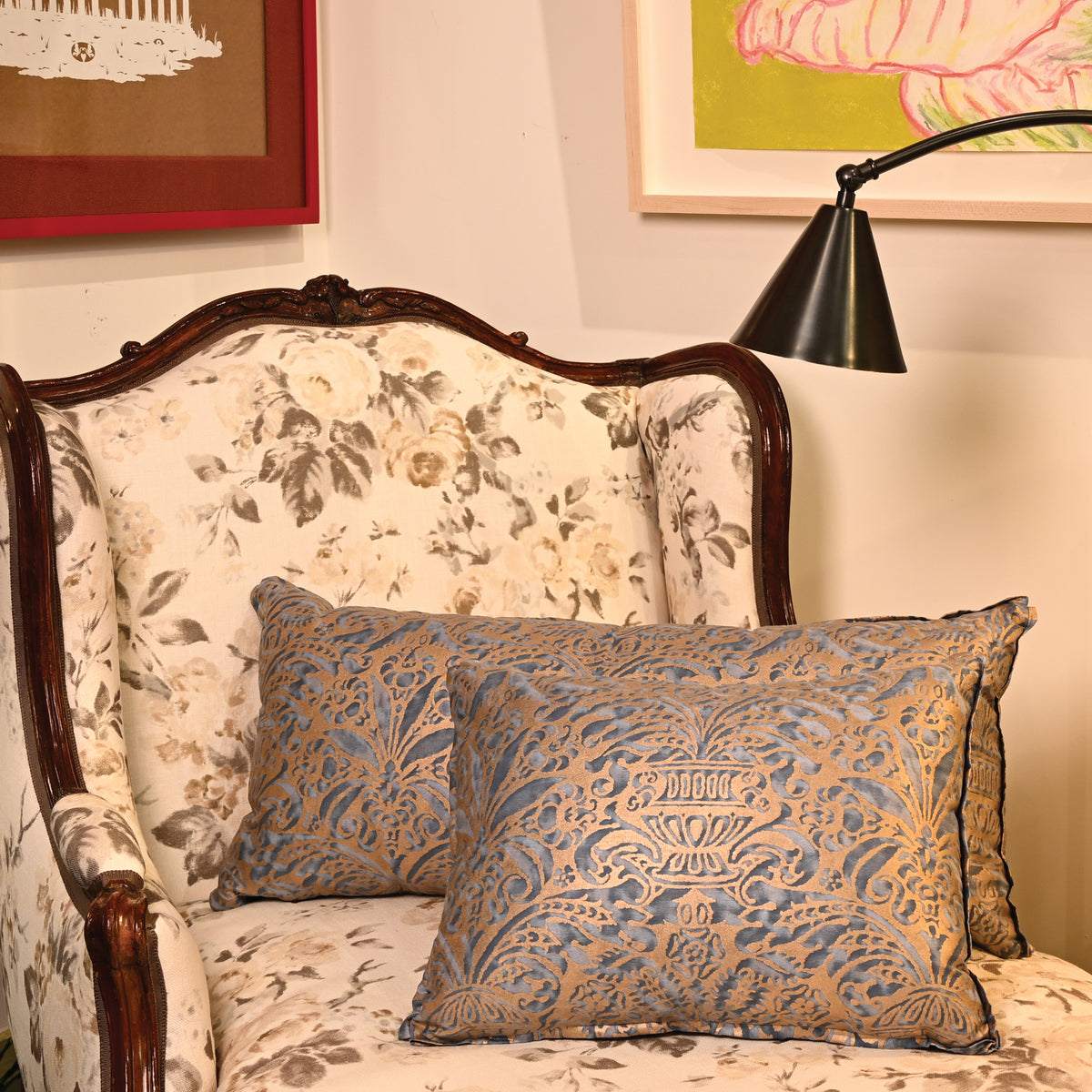 Fortuny Campanelle Pillow in Blue and Silvery Gold