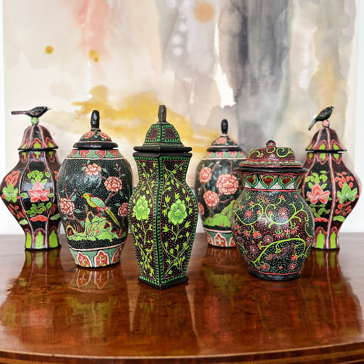 Mark Gagnon, Pair of Papier Mache Famille Noire Oval Egg-Shaped Jars with Lids