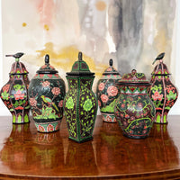 Mark Gagnon, Pair of Papier Mache Famille Noire Oval Egg-Shaped Jars with Lids