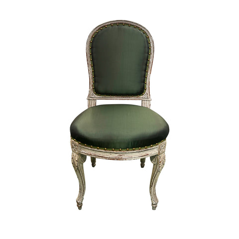 Georges Jacob Style Painted Side Chair Reupholstered in Green Taffeta