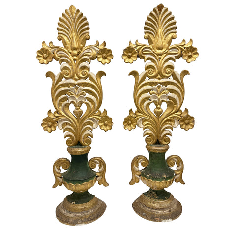 Pair of Italian Carved Painted and Gilt Floriform Appliques