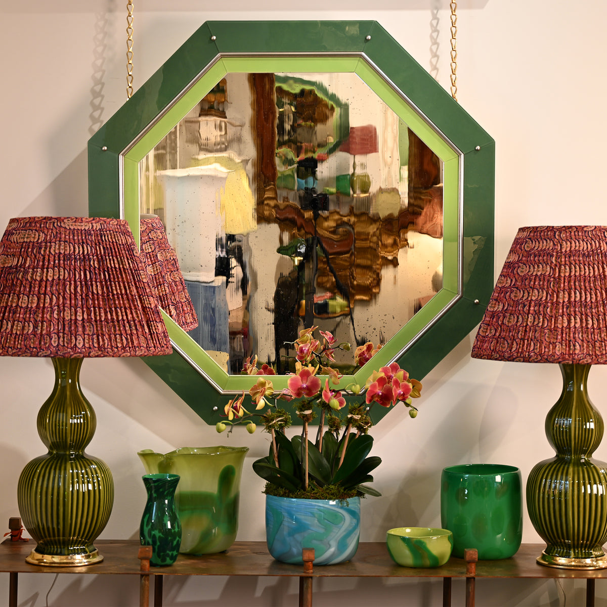 KRB Leaf Green and Apple Green Octagonal Reverse Painted Glass and Silver Gilt Mirror