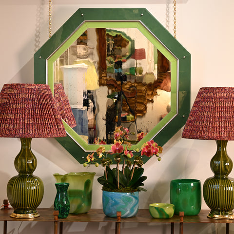 KRB Leaf Green and Apple Green Octagonal Reverse Painted Glass and Lacquer Mirror