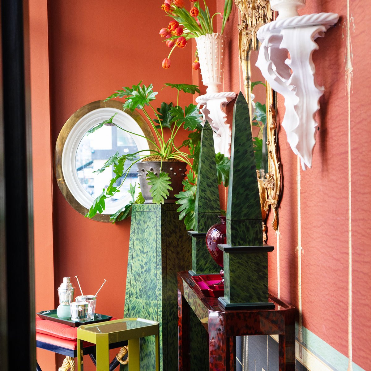 KRB Pair of Hand-Painted Large Obelisks in Alligator Faux Tortoise