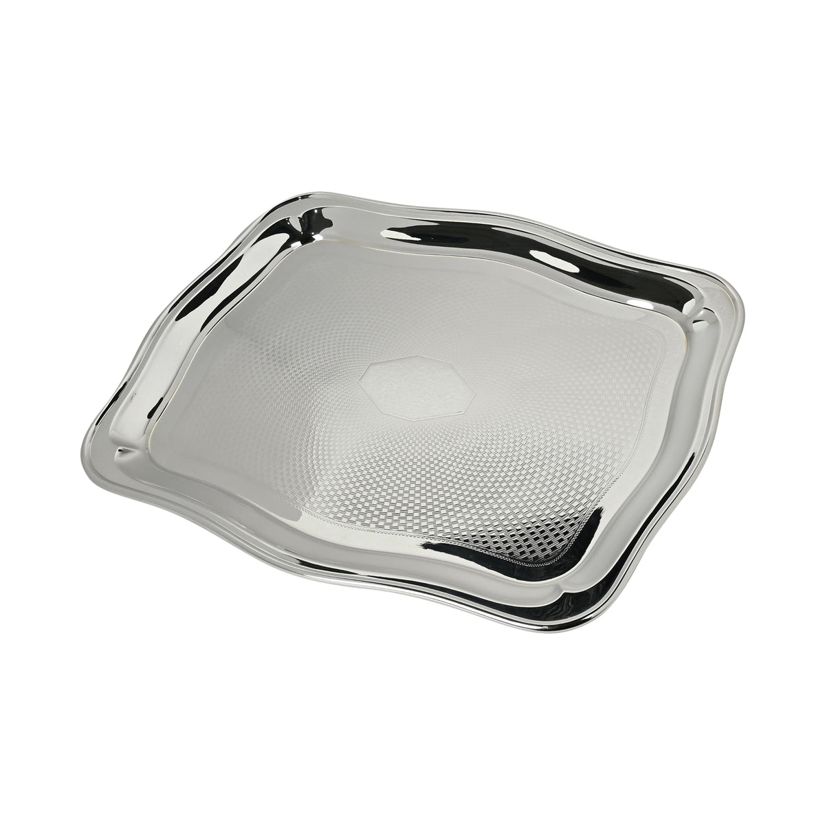 Vintage 15" Wavy Rimmed Engine-Turned Tray with Octagonal Badge