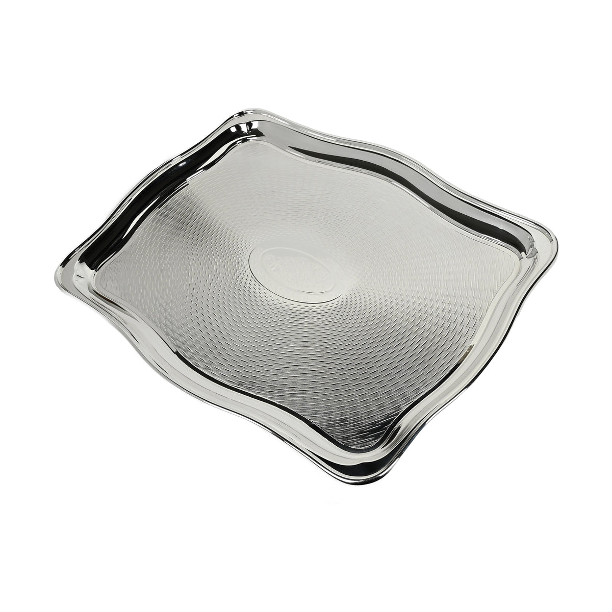 Vintage 18" Wavy Rimmed Engine-Turned Tray with Oval Badge