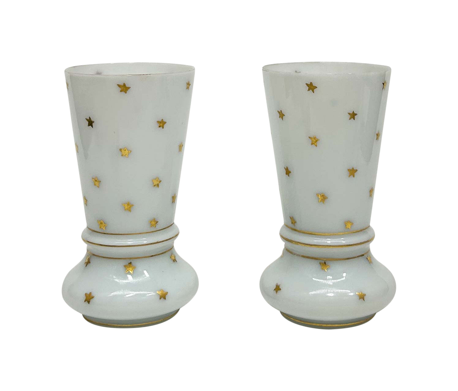 Portieux Vallerysthal White Opaline Glass Vases with Gilt Stars