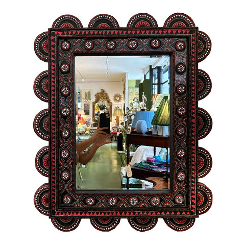 Papier Mache Scalloped Red and Black Floral Mirror