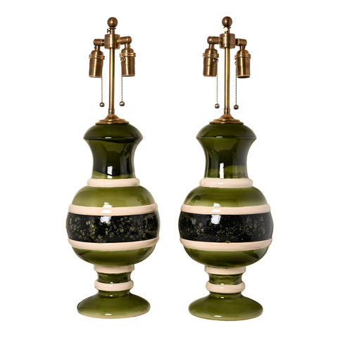 Jean Roger Renaissance Lamp in Khaki and Salamander Glazes with Ivory Bands