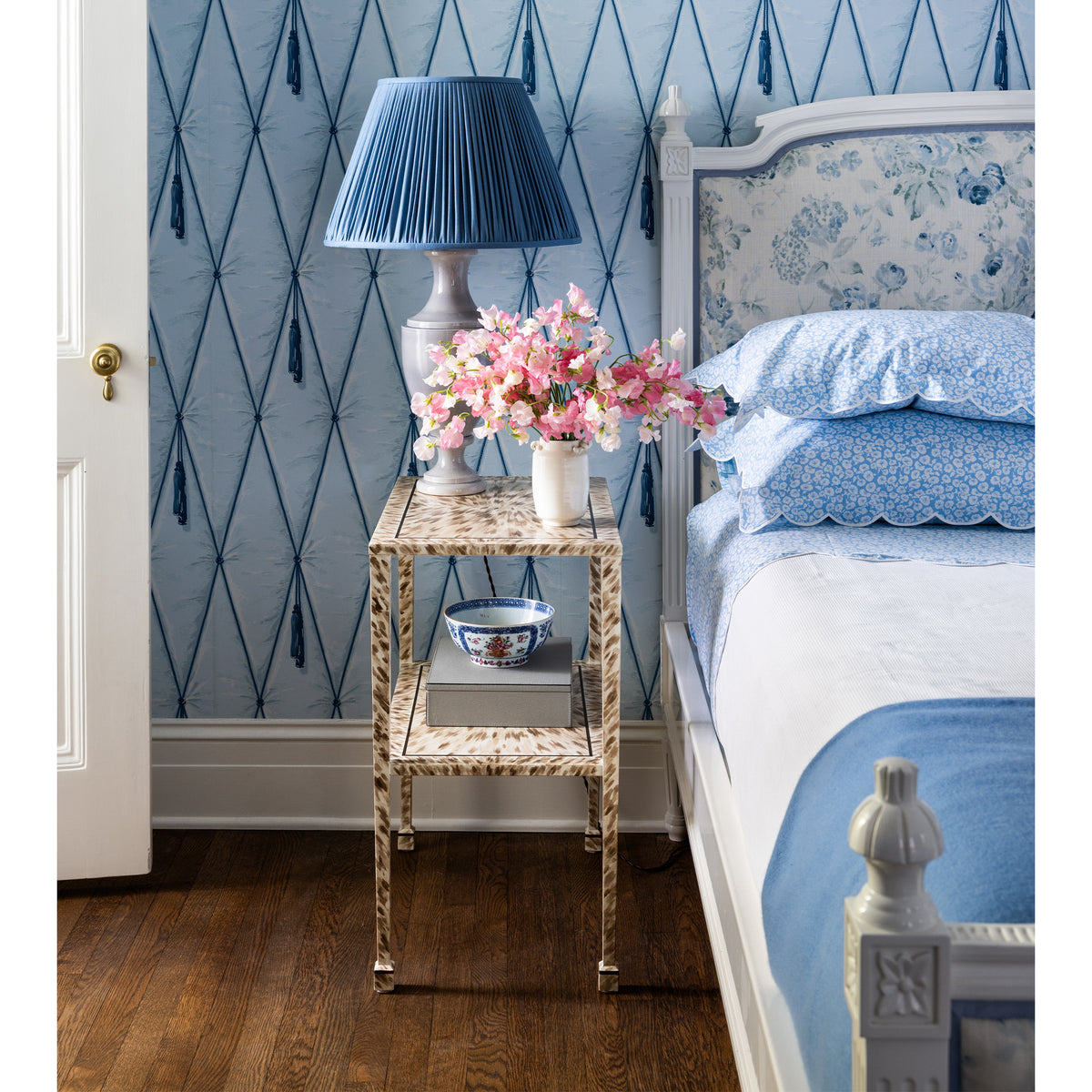 KRB Hand-Painted Two-Tier Side Table in Albino Faux Tortoise