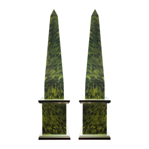 Pair of Hand-Painted Faux Tortoise Large Obelisks in Alligator Green