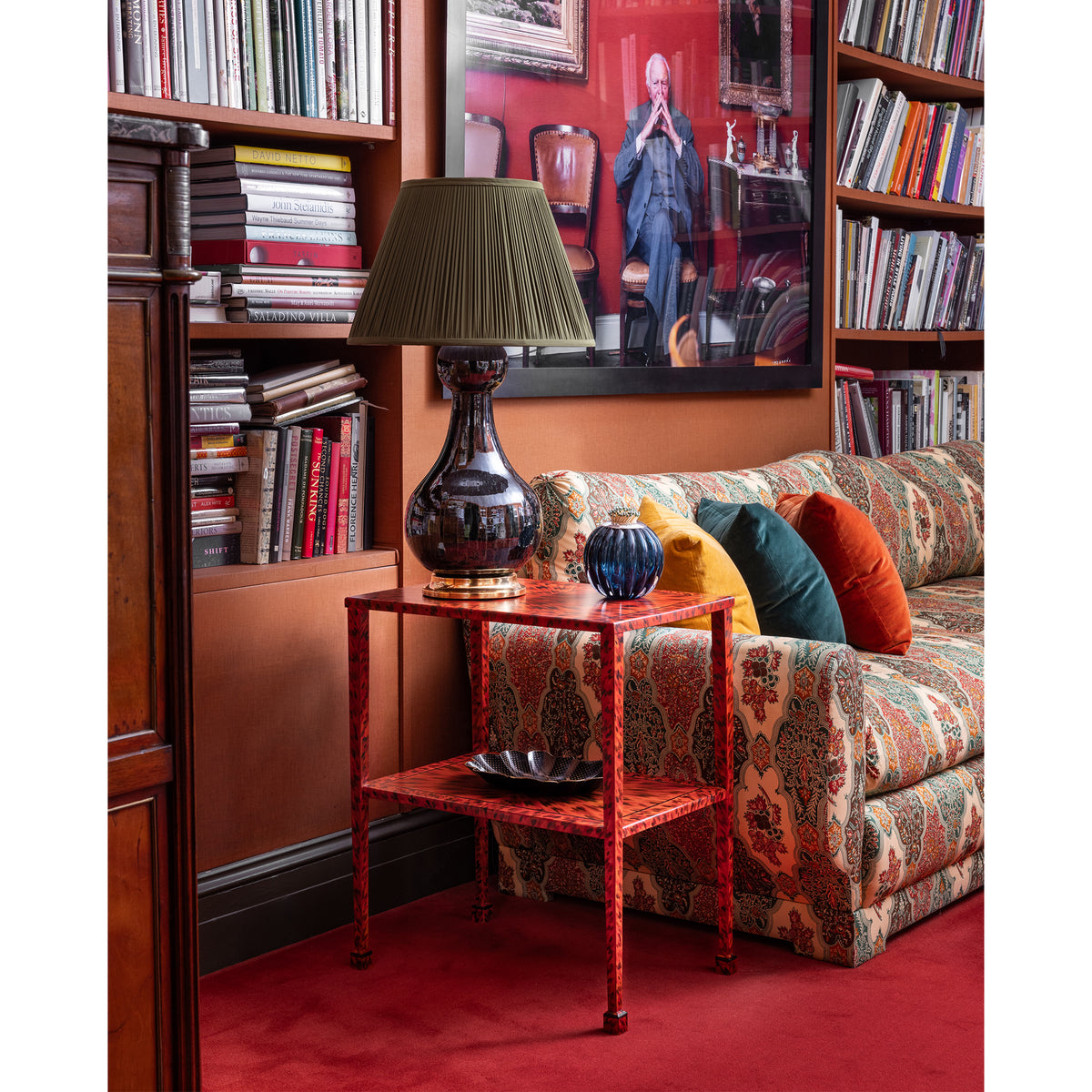 KRB Hand-Painted Two-Tier Side Table in Flame Faux Tortoise