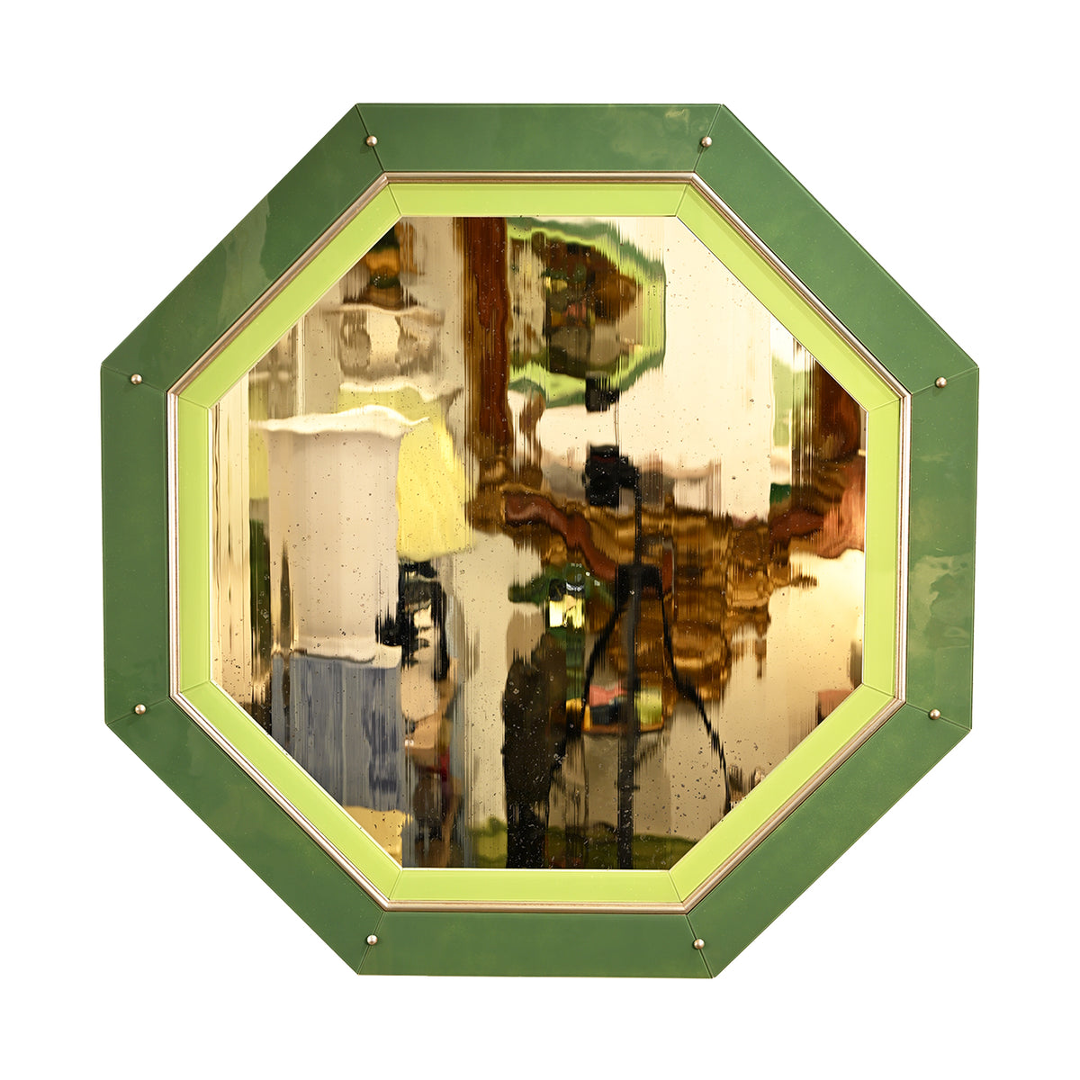KRB Leaf Green and Apple Green Octagonal Reverse Painted Glass and Silver Gilt Mirror