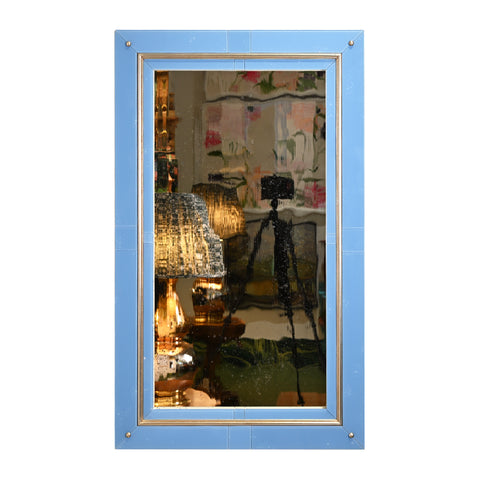 KRB Cornflower Blue Reverse Painted Glass and Lacquer Mirror